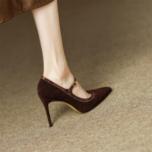 Women's Stiletto Heel Genuine Leather Buckle Pointed Toe Low-cut Shoes