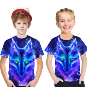3D Purple Wolf Head Printed Children's Short Sleeve T-Shirt Europe And America
